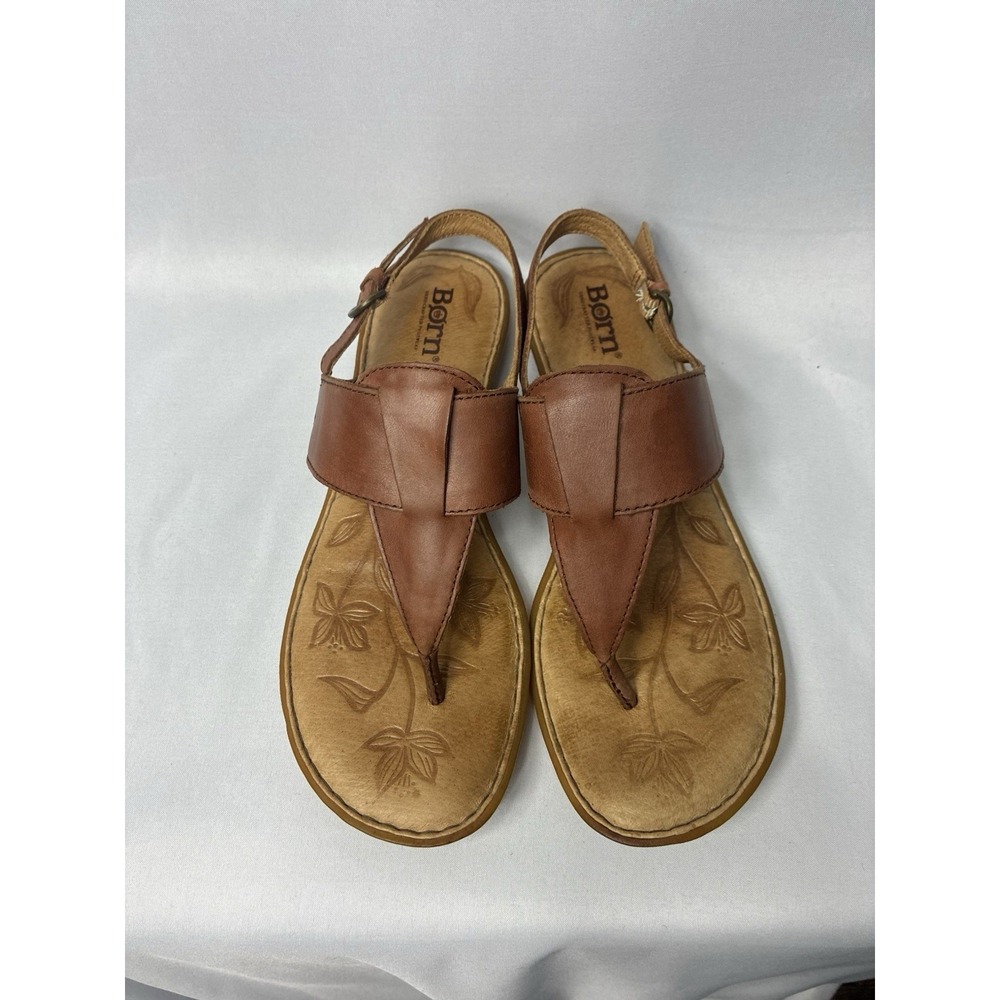 Born Leather Thong Sandals Womens Brown Excellent Floral Embossed Slingback Flat - Picture 2 of 7